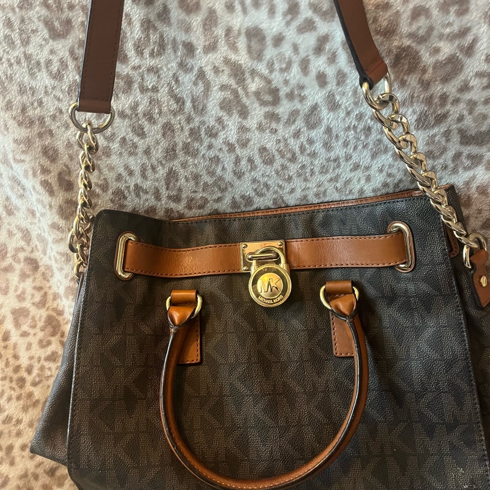 Michael Kors Brown and Tan Signature Shoulder Tote with Gold Accent